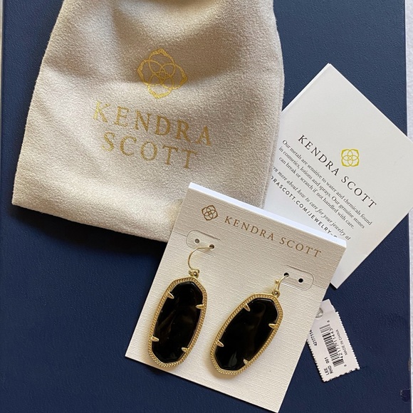 Elle Gold Drop Earrings In Black Opaque Glass - Picture 2 of 4